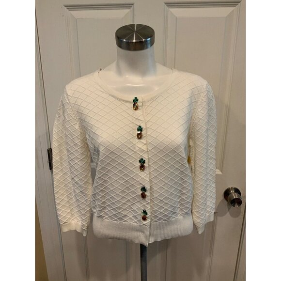 Yumi White Diamond Knit Cardigan W/ Pineapple Jewel Button Cardigan, Size Medium - Picture 1 of 6